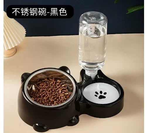 Cat bowl slanted mouth double bowl stainless steel automatic refilling pet bowl 2-in-1